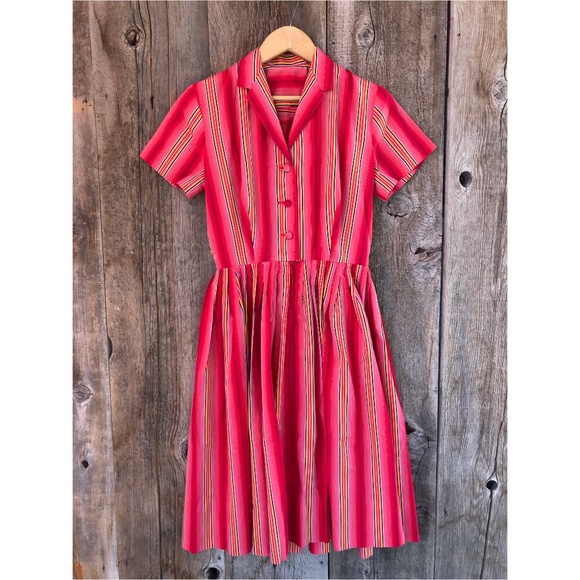 Vintage Dresses & Skirts - SOLD!! VTG 50s-60s Handmade Striped Everyday Shirt Dress, S-M